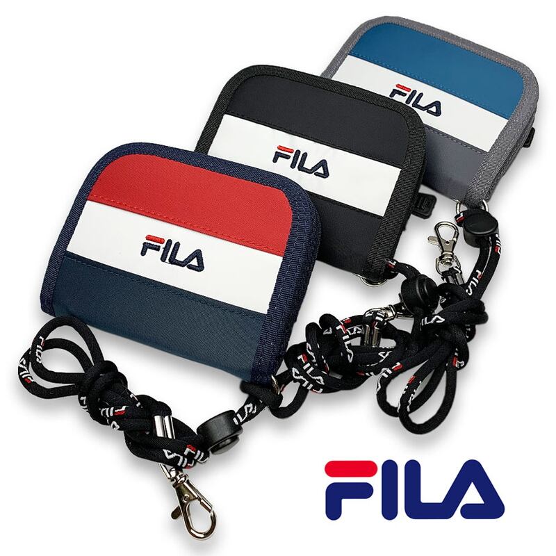 SEASONZ FILA（フィラ） トリコロールカラー ロゴ デザイン 二つ折り 財布 ネックストラップ 付き