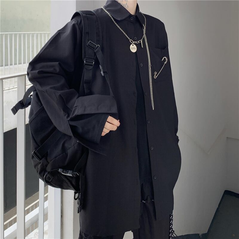 SEASONZ ストリート系 病みかわいい 黒シャツ レトロ オーバーサイズ ユニセックス 韓国ファッション 原宿系 10代 20代